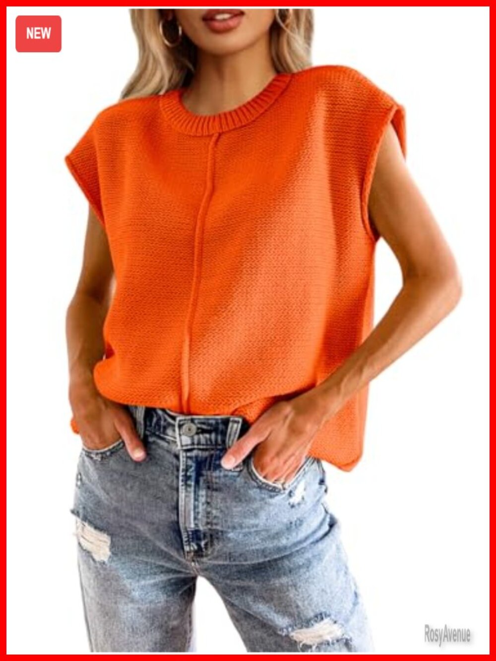Cap Sleeve Sweater Vest Crew Neck Loose Knit Pullover Top